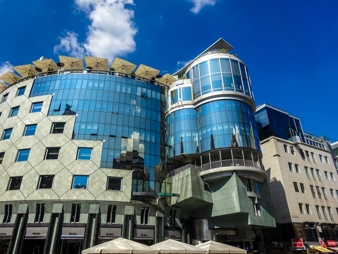 Modern glass office building exterior in a European city